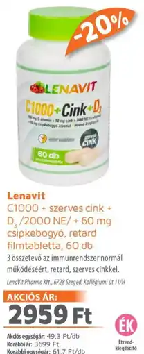 Alma Gyógyszertárak Lenavit C1000 + szerves cink + D3/2000 NE csipkebogyó, retard filmtabletta ajánlat