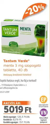 Alma Gyógyszertárak Tantum Verde menta szopogató tabletta ajánlat