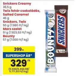 Spar Snickers Creamy, Twix fehér csokoládés, Salted Caramel, Snickers, Twix, Mars szelet, Bounty ajánlat