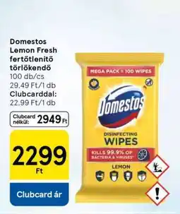 Tesco Domestos Lemon Fresh fertőtlenítő törlőkendő ajánlat