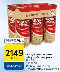 Tesco Arany Ászok dobozos világos sör multipack ajánlat