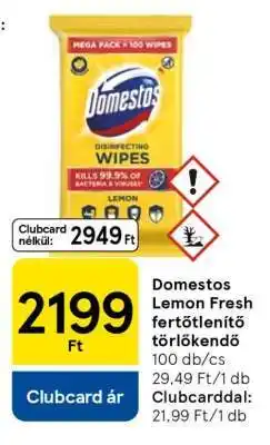 Tesco Domestos Lemon Fresh fertőtlenítő törlőkendő ajánlat