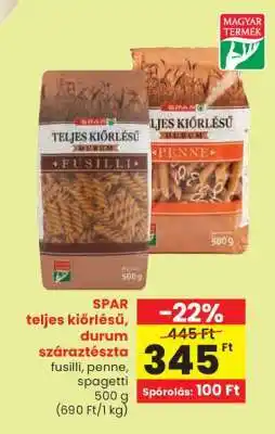 Spar SPAR teljes kiőrlésű, durum száraztészta ajánlat