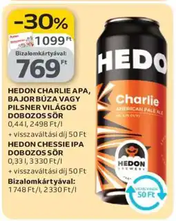 Auchan HEDON CHARLIE APA, BAJOR BÚZA VAGY PILSNER VILÁGOS DOBOZOS SÖR ajánlat