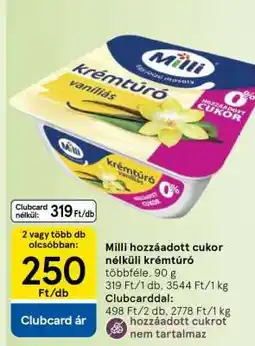 Tesco Milli hozzáadott cukor nélküli krémtúró ajánlat