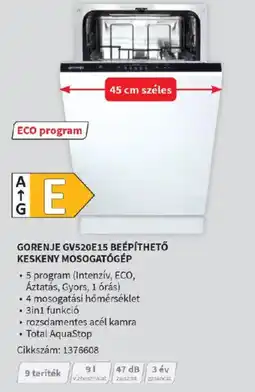 MediaMarkt Gorenje GV520E15 beépíthető keskeny mosogatógép ajánlat