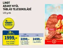 Metro LINDT ARANY NYÚL TÁBLÁS TEJCSOKOLÁDÉ ajánlat
