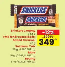 Spar Snickers Creamy, Twix fehér csokoládés, Salted Caramel, Snickers, Twix, Mars, Bounty ajánlat
