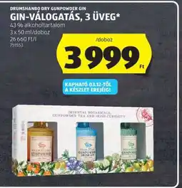 ALDI Drumshanbo Dry Gunpowder Gin válogatás, 3 üveg ajánlat