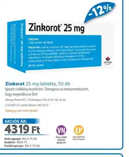 Alma Gyógyszertárak Zinkorot 25 mg tabletta ajánlat