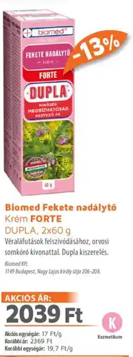 Alma Gyógyszertárak Biomed Fekete nadálytő Krém FORTE ajánlat