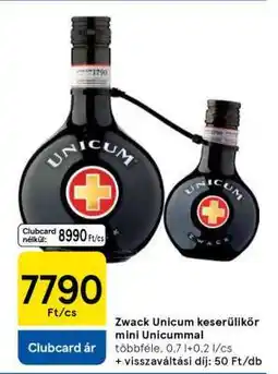 Tesco Zwack Unicum keserűlikőr mini Unicummal ajánlat