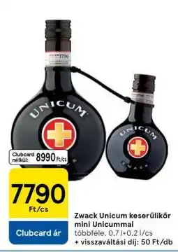 Tesco Zwack Unicum keserűlikőr mini Unicummal ajánlat
