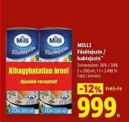 Lidl MILLI Főzőtejszín / habtejszín ajánlat