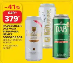 Auchan RADEBERGER, DAB vagy BITBURGER NÉMET DOBOZOS SÖR ajánlat