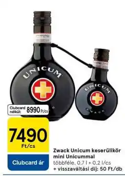 Tesco Zwack Unicum keserűlikőr mini Unicummal ajánlat