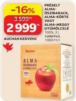 Auchan PRÉSELT ALMA-ŐSZIBARACK, ALMA-KÖRTE VAGY ALMA-MEGGY GYÜMÖLCSLÉ ajánlat