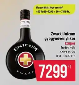 Coop Zwack Unicum gyógynövénylikőr ajánlat