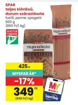 Interspar SPAR teljes kiőrlésű, durum száraztészta ajánlat