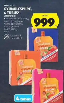 ALDI SWEET VALLEY Gyümölcspüré, 4 Tubus ajánlat