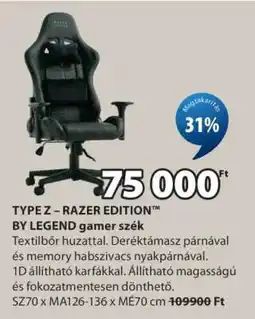 JYSK TYPE Z – RAZER EDITION BY LEGEND gamer szék ajánlat