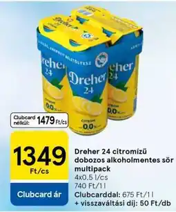 Tesco Dreher 24 citromízű dobozos alkoholmentes sör multipack ajánlat