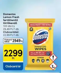 Tesco Domestos Lemon Fresh fertőtlenítő törlőkendő ajánlat