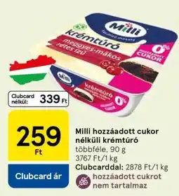 Tesco Milli hozzáadott cukor nélküli krémtúró ajánlat