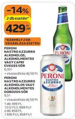 Auchan Peroni Nastro Azzurro Alkoholos, Alkoholmentes vagy Capri Üveges Sör 0,33 l / Dobozos Sör 0,5 l ajánlat
