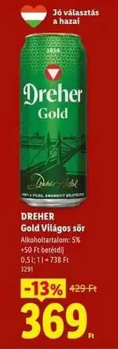 Lidl DREHER Gold világos sör ajánlat