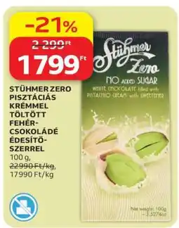 Auchan STÜHMER ZERO PISZTÁCIÁS KRÉMMEL TÖLTÖTT FEHÉRCSOKOLÁDÉ ÉDESÍTŐSZERREL ajánlat