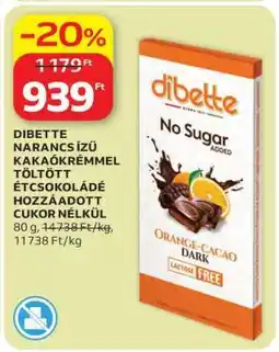 Auchan DIBETTE NARANCS ÍZŰ KAKAÓKRÉMMEL TÖLTÖTT ÉTCSOKOLÁDÉ ajánlat