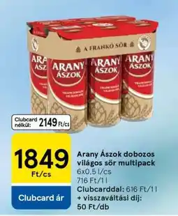 Tesco Arany Ászok dobozos világos sör multipack ajánlat