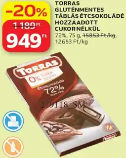 Auchan Torras gluténmentes táblás étcsokoládé hozzáadott cukor nélkül ajánlat