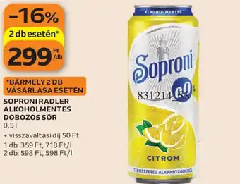 Auchan Soproni Radler alkoholmentes dobozos sör ajánlat