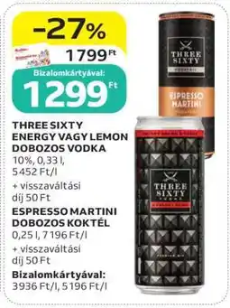 Auchan THREE SIXTY ENERGY VAGY LEMON DOBOZOS VODKA ajánlat