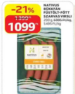 Auchan Nativus bükkfán füstölt-főtt szarvas virsli ajánlat