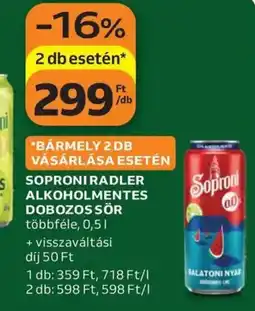 Auchan Soproni Radler alkoholmentes dobozos sör ajánlat