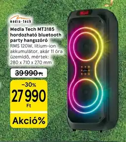 Tesco Media Tech MT3185 hordozható bluetooth party hangszóró ajánlat