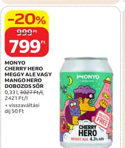Auchan Monyo cherry hero meggy ale vagy mango hero dobozos sör ajánlat