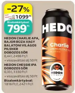 Auchan HEDON CHARLIE APA, BAJOR BÚZA VAGY BALATONI VILÁGOS PILSNER DOBOZOS SÖR ajánlat