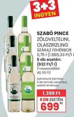 Spar SZABÓ PINCE ZÖLDVELTELINI, OLASZRIZLING SZÁRAZ FEHÉRBOR ajánlat