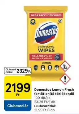Tesco Domestos Lemon Fresh fertőtlenítő törlőkendő ajánlat