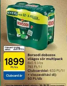 Tesco Borsodi dobozos világos sör multipack ajánlat