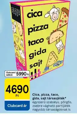 Tesco Cica, pizza, taco, gida, sajt társasjáték ajánlat