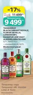 Auchan TANQUERAY BLACKCURRANT ROYALE, FLOR DE SEVILLA, LONDON DRY, RANGPUR LIME VAGY ALKOHOLMENTES GIN ajánlat