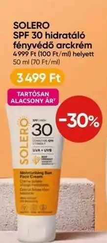 Benu Gyógyszertárak SOLERO SPF 30 hidratáló fényvédő arckrém ajánlat