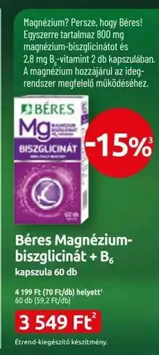 Benu Gyógyszertárak Béres Magnézium-biszglicinát + B₆ ajánlat