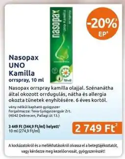 Benu Gyógyszertárak Nasopax UNO Kamilla orrspray, 10 ml ajánlat