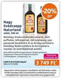 Benu Gyógyszertárak Nagy Svédcsepp Naturland ajánlat